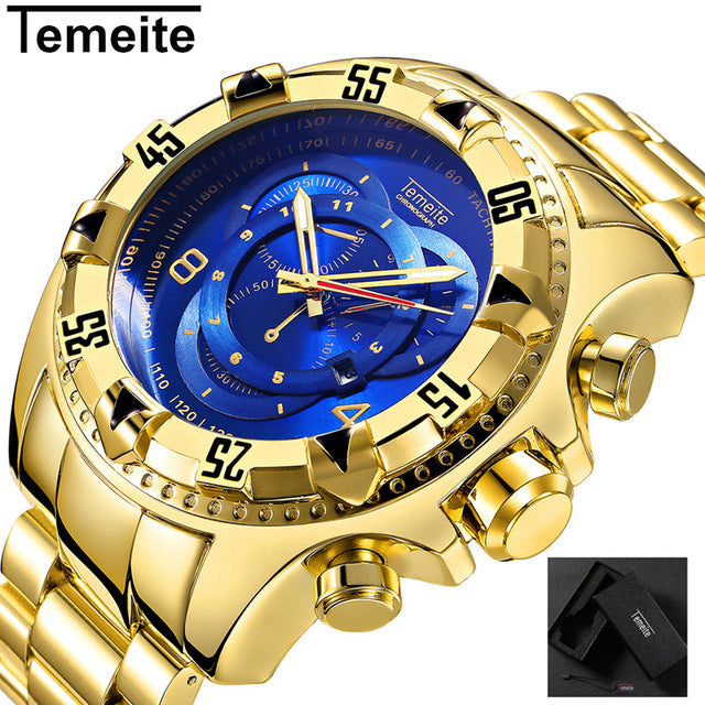 TEMEITE Military Fashion Quartz Watch Men 3D Blue Dial Stainless Steel Strap Top Brand Luxury Golden Big Dial Wrist Watches