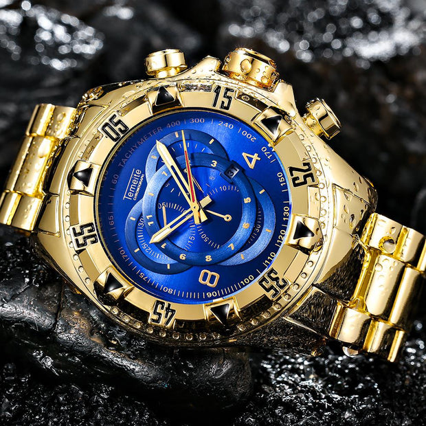 TEMEITE Military Fashion Quartz Watch Men 3D Blue Dial Stainless Steel Strap Top Brand Luxury Golden Big Dial Wrist Watches