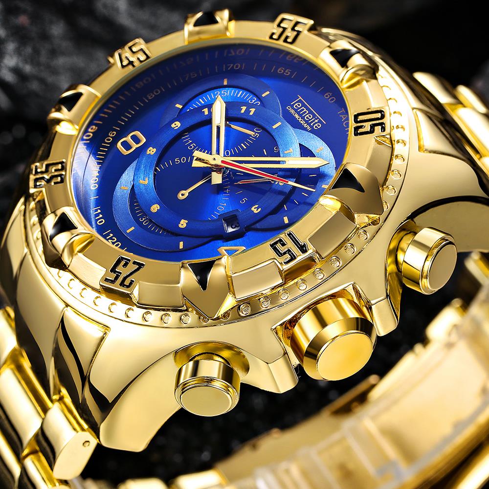 TEMEITE Military Fashion Quartz Watch Men 3D Blue Dial Stainless Steel Strap Top Brand Luxury Golden Big Dial Wrist Watches