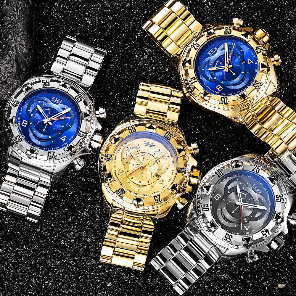 TEMEITE Military Fashion Quartz Watch Men 3D Blue Dial Stainless Steel Strap Top Brand Luxury Golden Big Dial Wrist Watches