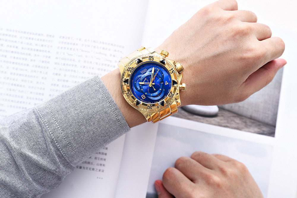 TEMEITE Military Fashion Quartz Watch Men 3D Blue Dial Stainless Steel Strap Top Brand Luxury Golden Big Dial Wrist Watches