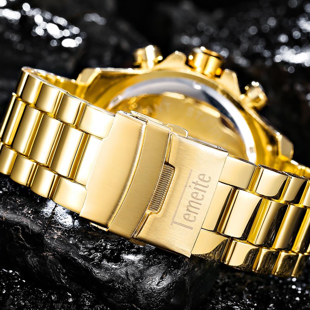 TEMEITE Military Fashion Quartz Watch Men 3D Blue Dial Stainless Steel Strap Top Brand Luxury Golden Big Dial Wrist Watches