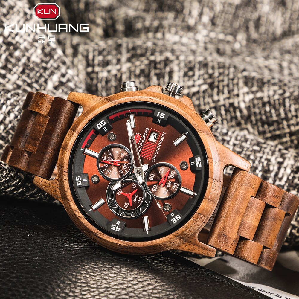 Kun Huang Wooden Watch Men erkek kol saati Luxury Stylish Wood Timepieces Chronograph Military Quartz Watches