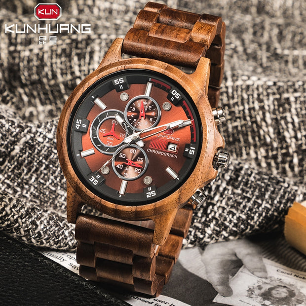 Kun Huang Wooden Watch Men erkek kol saati Luxury Stylish Wood Timepieces Chronograph Military Quartz Watches