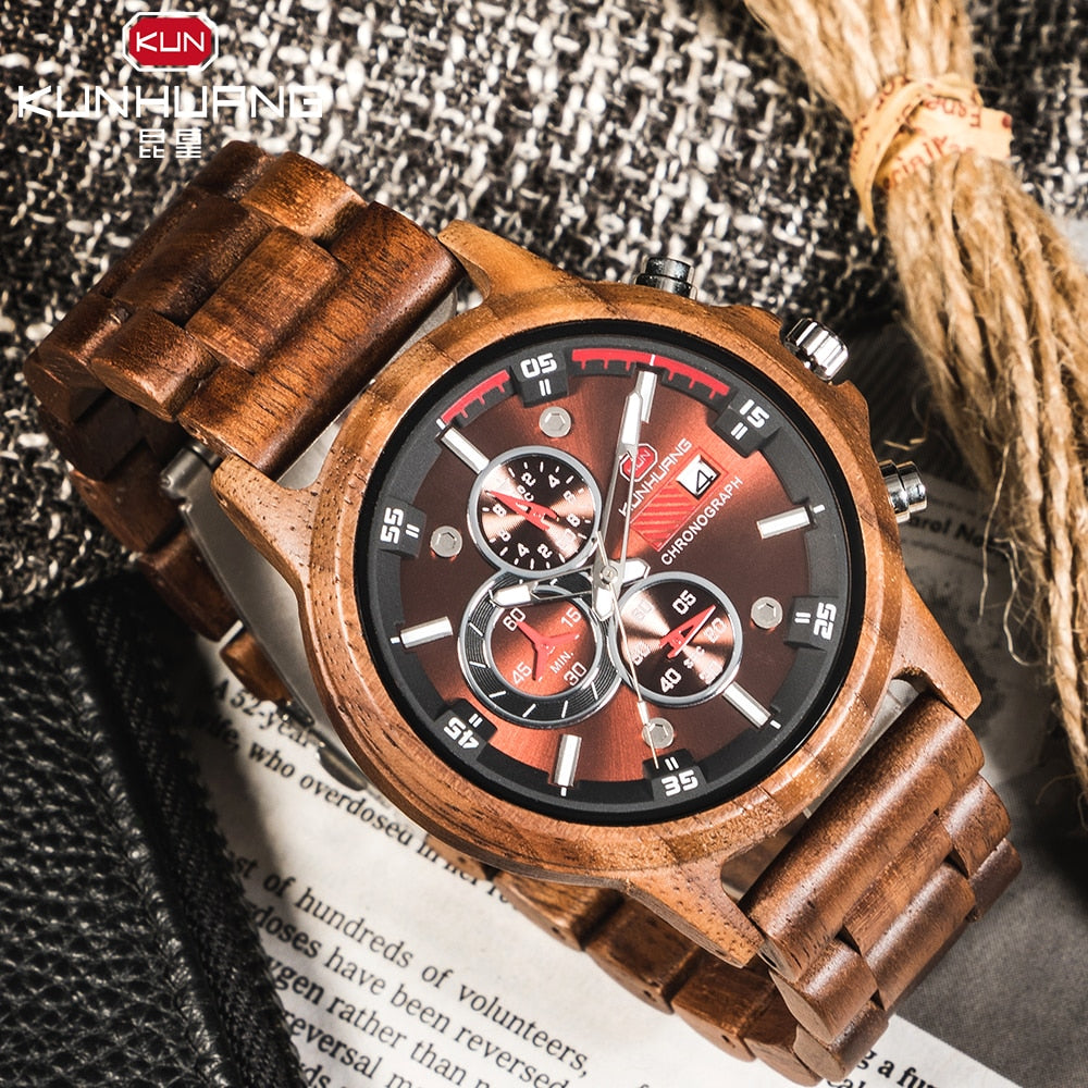 Kun Huang Wooden Watch Men erkek kol saati Luxury Stylish Wood Timepieces Chronograph Military Quartz Watches