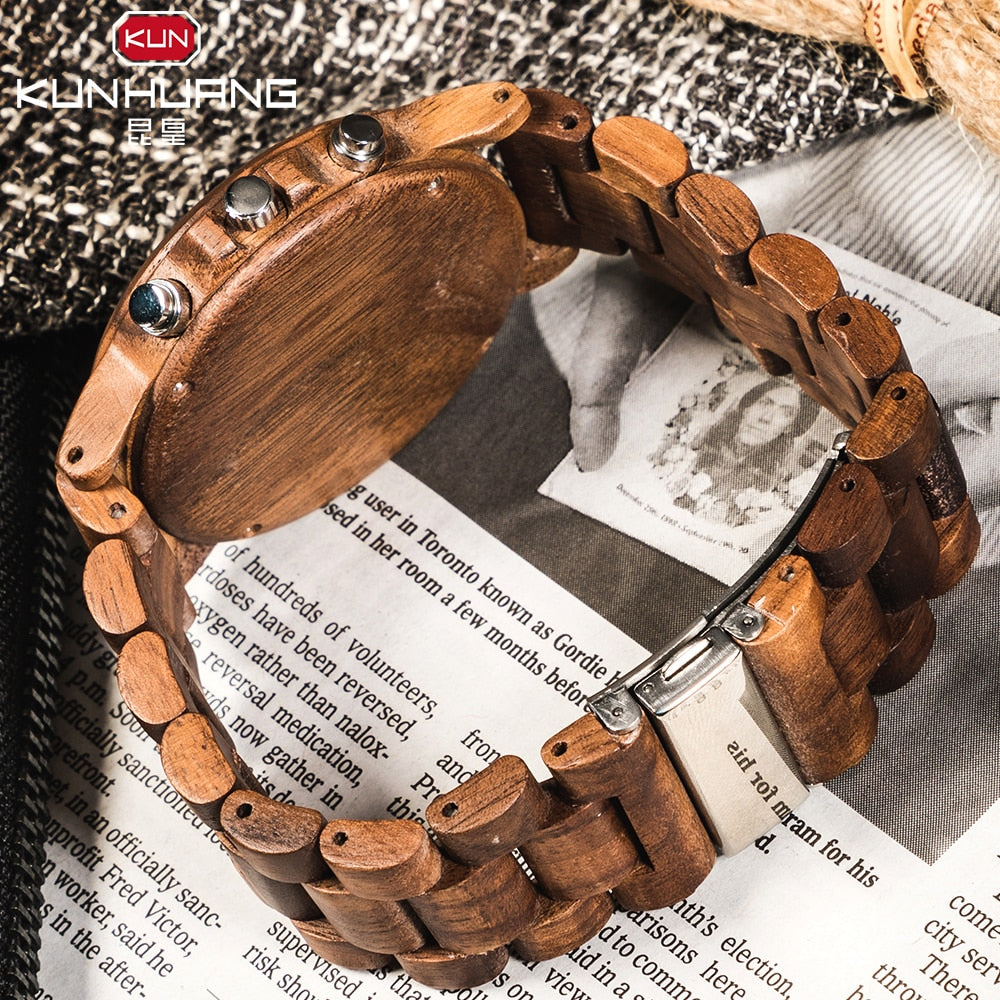 Kun Huang Wooden Watch Men erkek kol saati Luxury Stylish Wood Timepieces Chronograph Military Quartz Watches