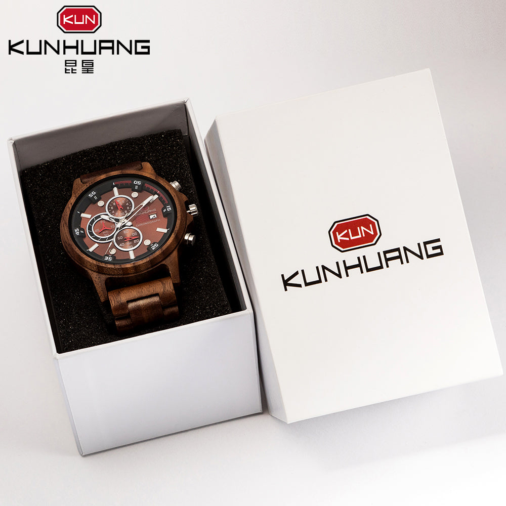 Kun Huang Wooden Watch Men erkek kol saati Luxury Stylish Wood Timepieces Chronograph Military Quartz Watches